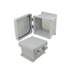 6×6×4英寸（15.2×15.2×10.2厘米）UL®认证NEMA-4X级防风雨接线盒，带非金属安装板和非金属合页连接结构的图片