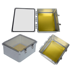 14×12×6英寸（35.6×30.5×15.2厘米）UL认证NEMA-4X级防风雨聚碳酸酯接线盒，带铝制安装板，透明盒盖，深灰的图片