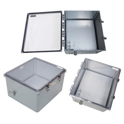 18×16×10英寸（45.7×40.6×25.4厘米）NEMA-4X级防风雨聚碳酸酯接线盒，通用240V交流电源插座安装板，机械式恒温器加热，透明盒盖，深灰的图片