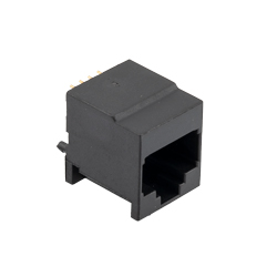 六类的RJ45（8x8）表面贴装插孔，PCB焊柱180°版，15um触点电镀，黑色的图片