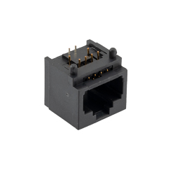 六类级的RJ45（8x8）表面贴装插孔，PCB焊柱90°版，30um触点电镀，黑色的图片