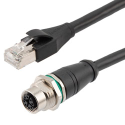 超6类经济型M12 8针X编码屏蔽户外级线缆组件，IP67等级面板安装型M12母头/RJ45公头，26AWG导体，VW-1阻燃等级PVC护套，黑，15米的图片