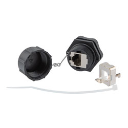 超6类IP68防护等级穿壁式面板安装以太网耦合器/适配器，屏蔽，RJ45至110刺破式，PoE++，黑色，带防尘盖的图片
