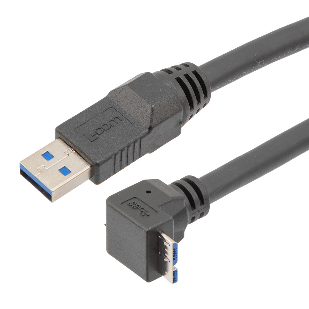 高柔性拖链级USB3.0线缆组件，A型公头至直角下出线Micro-B型公头，VW-1阻燃等级PVC护套，黑色，1.5米的图片
