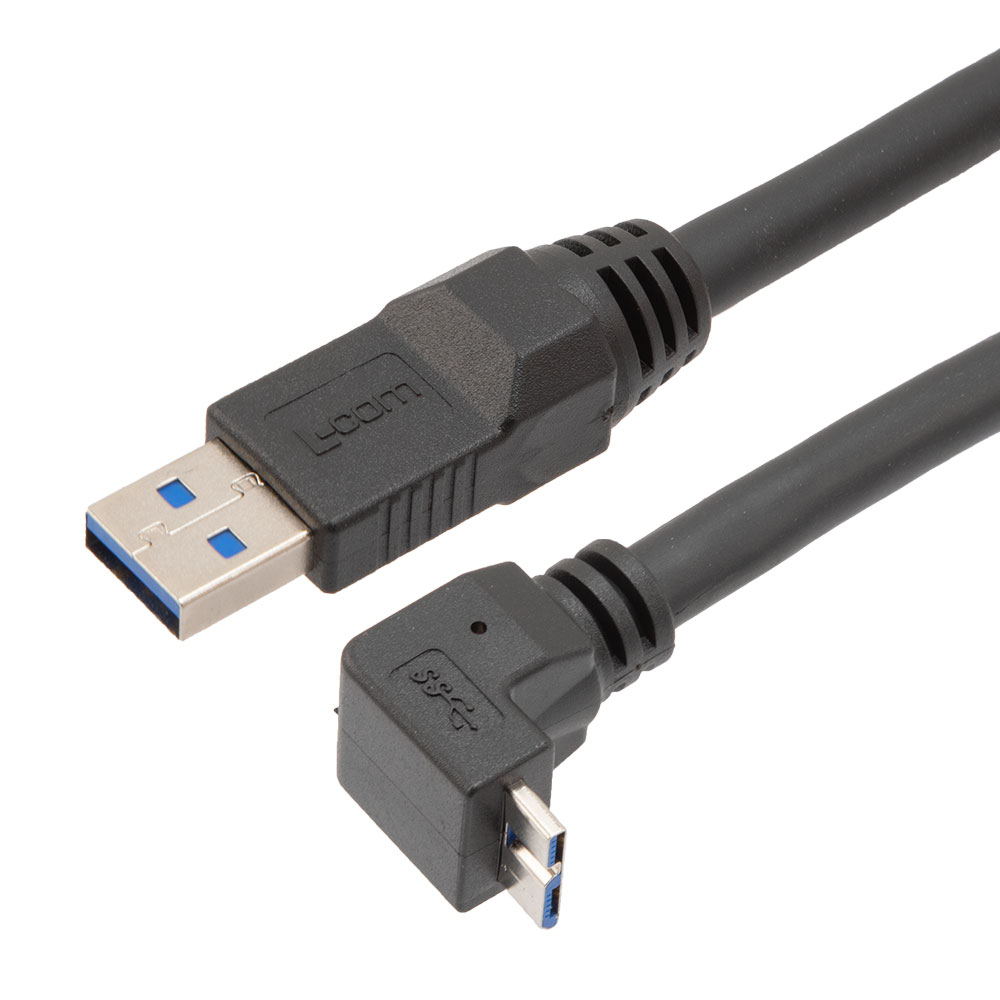 高柔性拖链级USB3.0线缆组件，A型公头至直角上出线Micro-B型公头，VW-1阻燃等级PVC护套，黑色，2米的图片