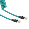 超五类以太网弹簧线组件，180度出线后连接RJ45-RJ45接头，使用F / UTP箔屏蔽 26AWG绞合高柔性工业无卤TPU电缆护套，蓝绿色，长度为2到12英尺的图片
